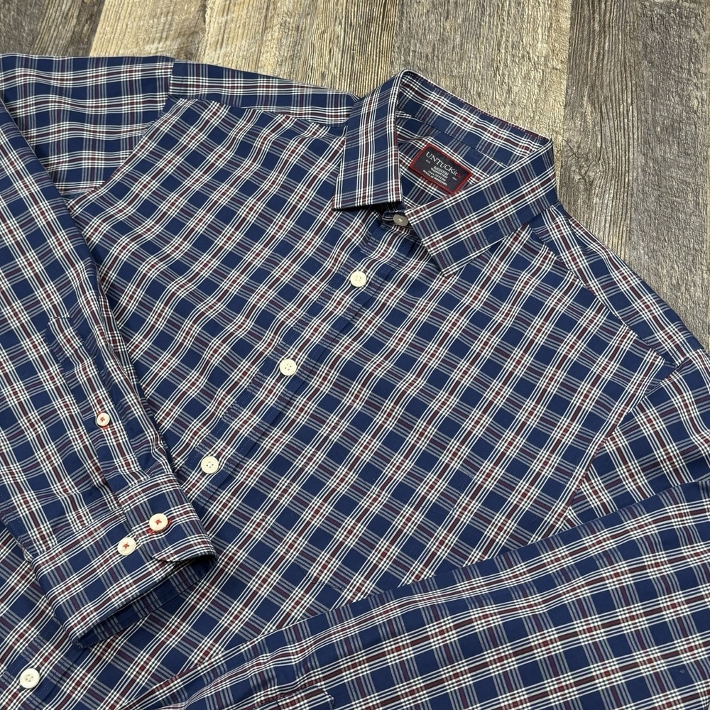 UNTUCKit Men's Medium Plaid Button Down Shirt Blue Red White Wrinkle Free Cotton